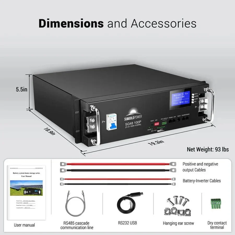 SunGoldPower 48V 100Ah Server Rack LiFePO4 Lithium Battery - view 5